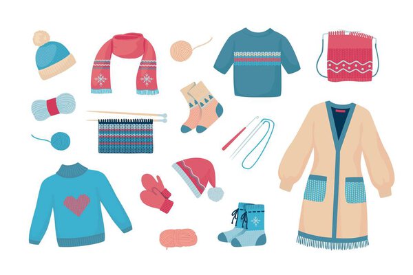 Wool yarn. Knitted autumn and winter sweaters, socks and scarves, cartoon clothing and and knitting instruments. Vector flat set