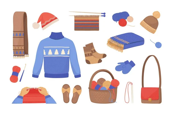 Wol breien. Cartoon winter sjaals wanten truien hoeden en sokken, gebreide kleding en accessoires. Garens en draden van vector wol — Stockvector