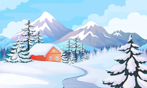 Krajobraz domu zimowego. Scena wiejska ze śnieżnymi górami, świerkami i drewnianym domem. Wektor zimowy tło wakacje — Wektor stockowy