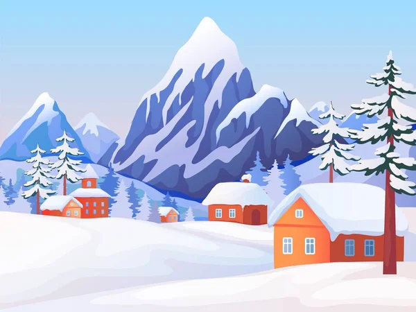 Paisaje rural invernal. Escena natural con picos nevados de montaña, casas de madera y abetos. Vector fondo de invierno — Vector de stock