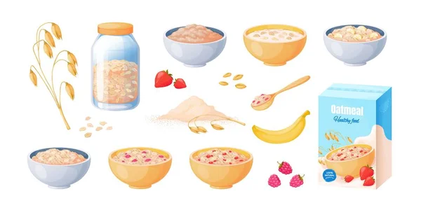 Desayuno de avena. Cuenco de avena de dibujos animados, cereal de avena hervido, concepto de comida saludable. Vector muesli aislado en blanco — Archivo Imágenes Vectoriales