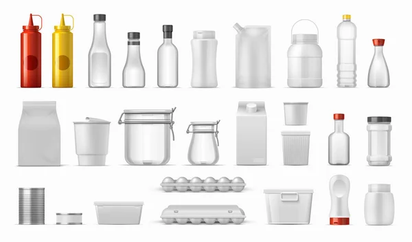 Paquetes de comida. Botellas de salsa y contenedores de cereales, cajas de cocina realistas, envases de cartón de plástico y metal. Vector aislado maquetas vacías — Vector de stock