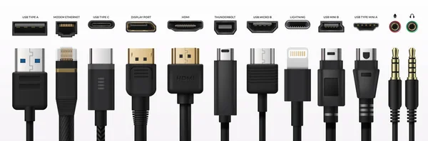 USB 플러그 장착. Type-C 포트 USB 단자는 소형 USB, 3, 5 mm 잭 충전 단자, 핸드 미를 대체 한다. 벡터 세트 — 스톡 벡터