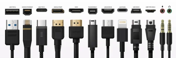 Wtyczka gniazda USB. Złącze typu C Usb zastępujące złącze typu A micro i mini Usb, 3, 5 mm jack charge, ręcznie rysowane Mi. Zestaw wektorów — Wektor stockowy