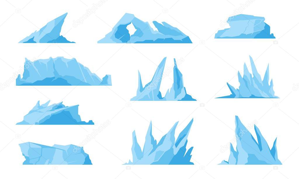 Glaciers. Icebergs, ice mountains and compressed snow, freezing ocean landscape and melting sea rock. Vector iceberg set