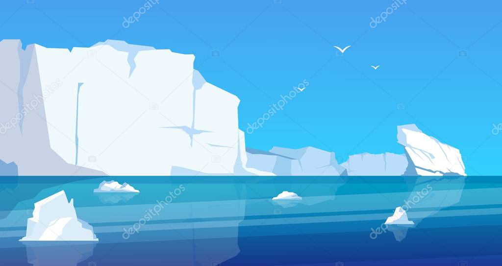 Arctic landscape. Glaciers and icebergs in blue frozen ocean, cartoon ice mountains and melting ice. Vector North pole sea scene
