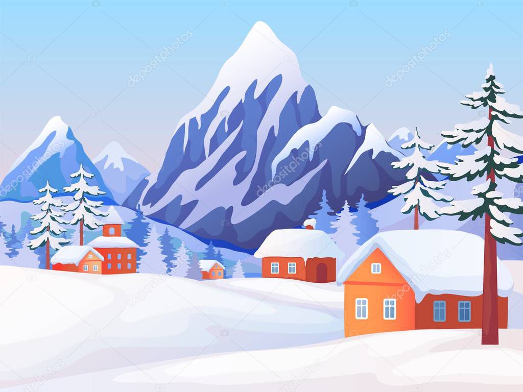 Winter rural landscape. Nature scene with snowy mountain peaks, wooden houses and spruce trees. Vector winter background