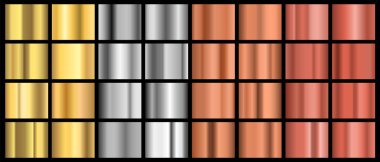 Metal eğimleri. Gerçekçi altın, gümüş, bakır, bronz, pirinç, folyo, kenar ve çerçeve elementleri. Vektör seti