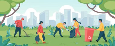 Volunteers clean garbage. Happy people community collecting trash at park territory or forest. Vector cartoon characters volunteering clipart
