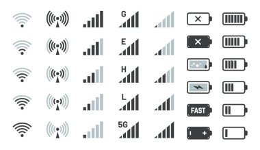 Batarya ve sinyal simgeleri. Akıllı telefon şarj durumu, gsm ve wifi sinyal gücü. Vektör telefon şarj seviyesi