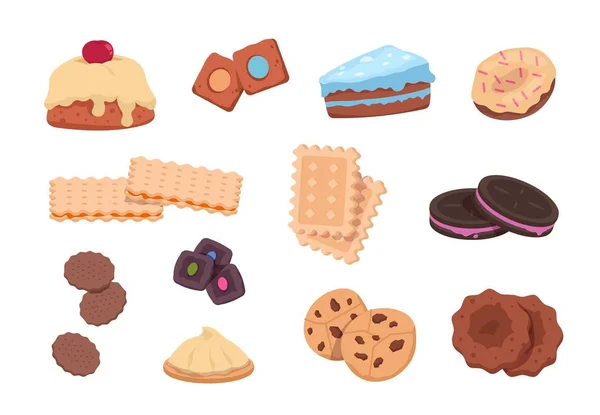 Biscuits à la bande dessinée. Snack au chocolat et boulangerie sucrée, dessert de Noël et bonbons au sucre. Bonbons isolés vectoriels et biscuits en forme — Image vectorielle