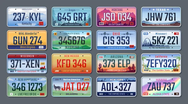 Placas de coche. Números de licencia de vehículos de diferentes estados y países americanos, números de registro de camiones. Conjunto de vectores — Vector de stock
