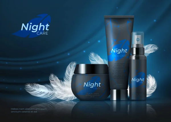 Night cosmetic background. Beauty skin care product, night cream on dark night backdrop with black feathers. Vector luxury cosmetic