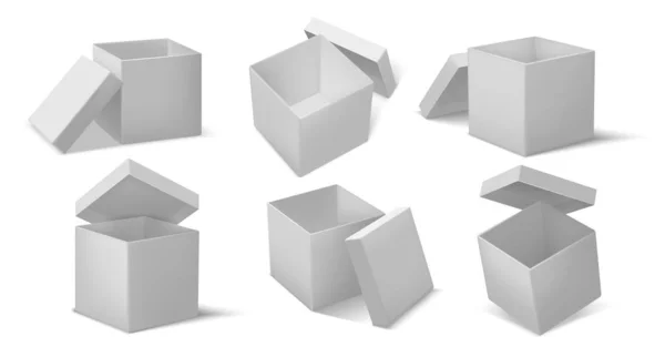 Oben offene Schachtel. realistische offene und geschlossene Pappwürfelboxen-Attrappen, Paketzustellung und Frachttransport. Vektor weiße Kästen gesetzt — Stockvektor