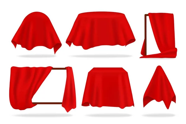 Red silk cover. Realistic covered objects with cloth draped or reveal curtain, red napkin or tablecloth. Vector 3D isolated set — 스톡 벡터