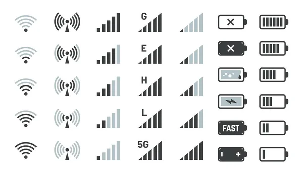 Batterie- und Signalsymbole. Smartphone-Ladezustand, GSM und Wifi-Signalstärke. Ladezustand des Vektor-Telefons — Stockvektor