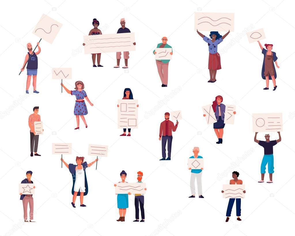 Protest crowd characters. People standing together and holding banners and placard. Cartoon political meeting and parade concept. Vector protesters or activists