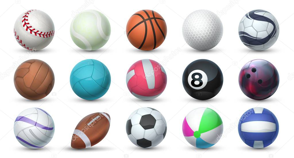 Realistic sport balls. 3D equipment for football, soccer and tennis. Vector set of balls for sport activities and games isolated on white