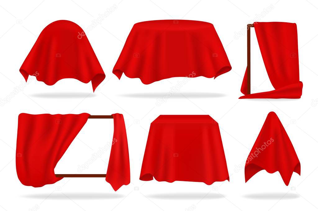 Red silk cover. Realistic covered objects with cloth draped or reveal curtain, red napkin or tablecloth. Vector 3D isolated set