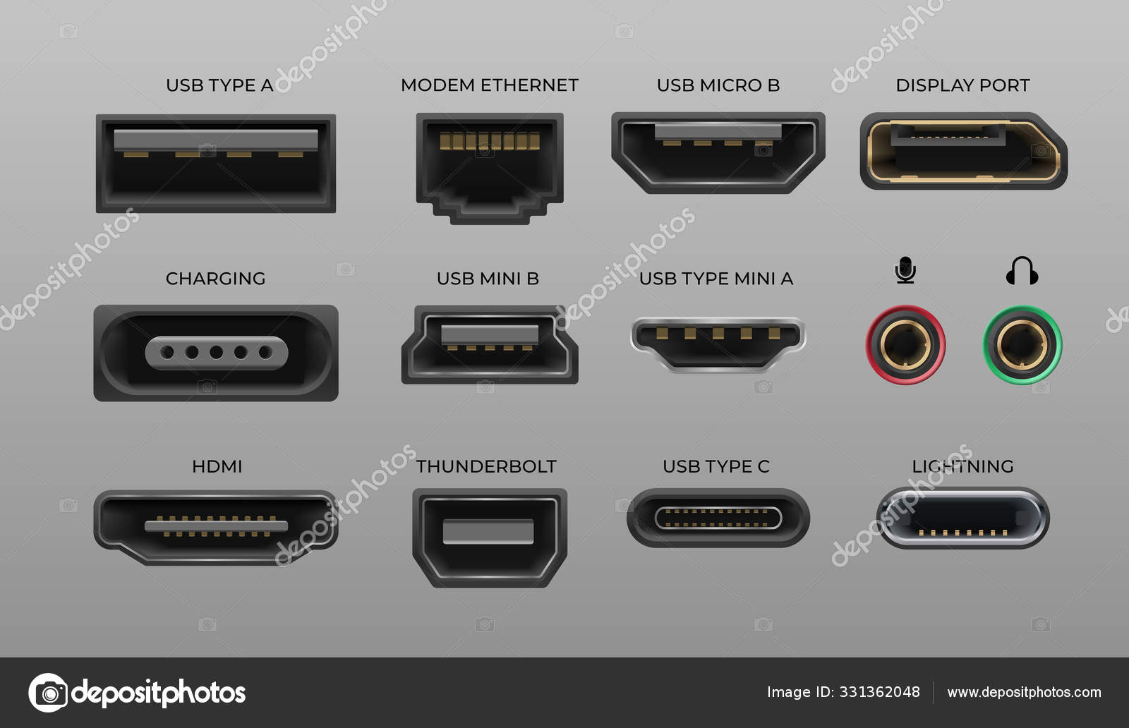 Connector and ports. USB type A and type C, video ports hand drawnMI DVI  and Displayport, audio coaxial, thunderbolt and lightning vector ports  Stock Vector Image by ©SpicyTruffel #331362048