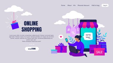 İnternetten alışveriş. Çizgi film karakterleri internetten sipariş veriyor ve internet üzerinden alışveriş yapıyorlar. Vektör indirme sayfası