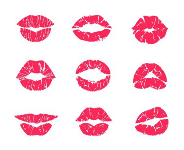 Lipstick kiss. Female mouth makeup, woman lips red grunge print isolated on white, set of affair symbols. Vector lip kiss marks clipart