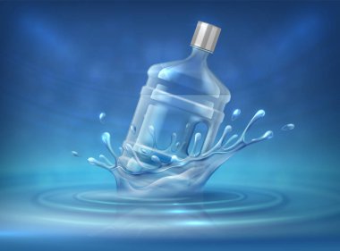 Water dispenser bottle. Realistic advertising background with big water can and splashes. Vector ad mockup of plastic bottle clipart