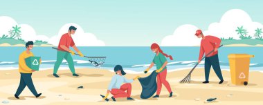 People cleaning beach. Cartoon characters collecting trash and save the environment. Vector garbage and waste pollution scene clipart