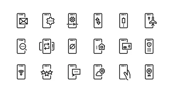 Icônes de ligne téléphonique. Notification et réglage de l'appareil mobile, paiement sans fil et données privées sécurisées. Ensemble d'applications pour smartphone vectoriel — Image vectorielle