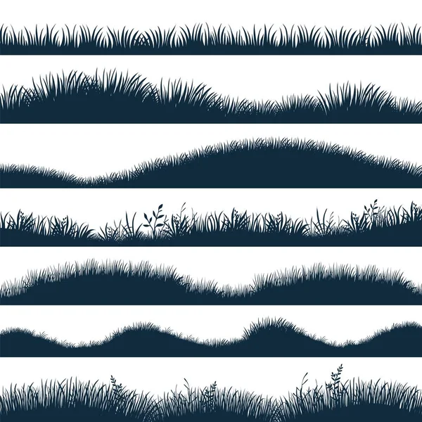 Grass silhouette. Horizontal hills with plants and weed, cartoon wavy meadow and grassland. Vector black marsh set — 스톡 벡터