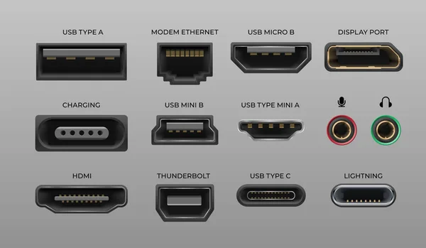 Conector y puertos. USB tipo A y tipo C, puertos de vídeo dibujados a mano MI DVI y Displayport, puertos coaxiales de audio, rayos y rayos vectoriales — Archivo Imágenes Vectoriales