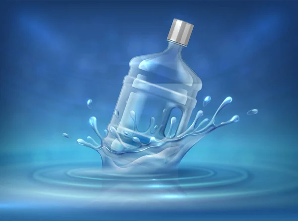 Fles met waterdispenser. Realistische reclame achtergrond met groot water kan en spat. Vector ad mockup van plastic fles — Stockvector