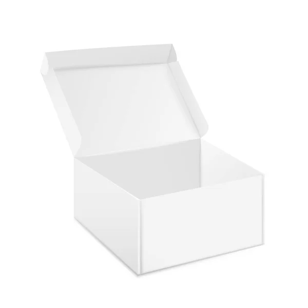 Макет коробок. Открытый и закрытый реалистичный белый картонный пакет, дизайн бумажной подарочной коробки искушают. Векторные лекарства и упаковка пищевых продуктов — стоковый вектор