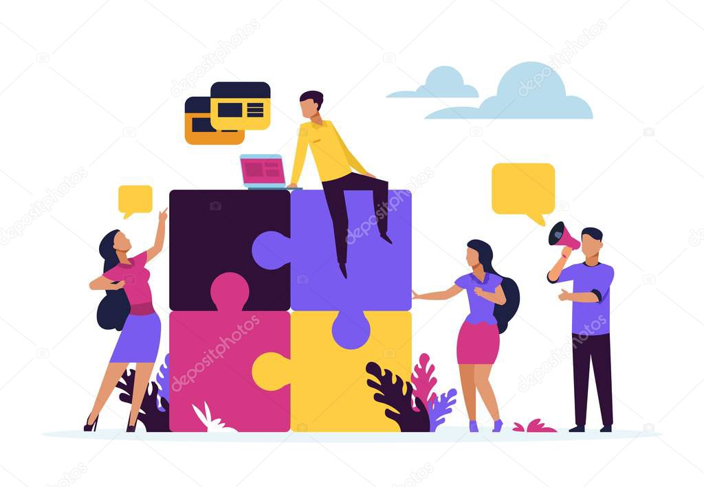 Business teamwork concept. Puzzle elements with cartoon business people, metaphor of partnership and collaboration. Vector design