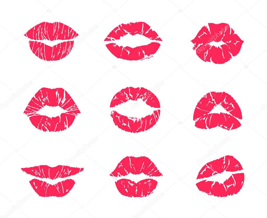 Lipstick kiss. Female mouth makeup, woman lips red grunge print isolated on white, set of affair symbols. Vector lip kiss marks