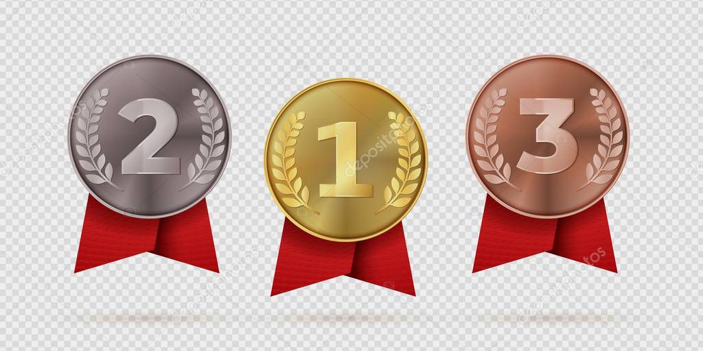 Gold, silver, bronze champion medal with red ribbon. First, second, third placement achievement bages. Realistic vector illustration