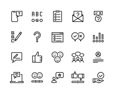 Anket çizgisi simgeleri. Sınav ve kontrol listesi çizimleri, müşteri anketi ve geri bildirim. Vektör geri besleme seçeneği ayarlandı