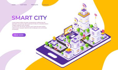 Isome şehri iniş sayfası. Yenilikçi binaları ve teknolojisi olan gelecekçi dijital şehir. Vektör 3d akıllı kasaba tasarımı