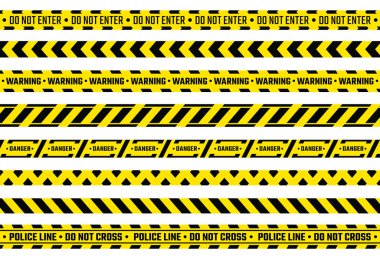 Caution tape. Yellow attention ribbon with warning signs, police evidence protection and construction protection tape. Vector safety stripe clipart