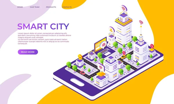 Isometric city landing page. Futuristic digital town with innovative buildings and technology. Vector 3D smart town design — Stock Vector
