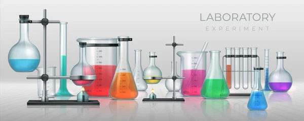 Realistic laboratory. Chemistry lab equipment, 3D flask tubes beaker and other measuring glassware. Vector chemical or medicine experiment — 스톡 벡터