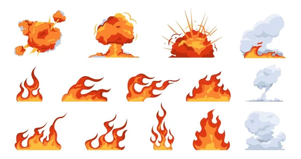 Llama de fuego de dibujos animados. Fumo plano de bola de fuego y efectos de explosión, llamas de diferentes formas. Encendido por fuego vectorial y peligro de calor — Vector de stock