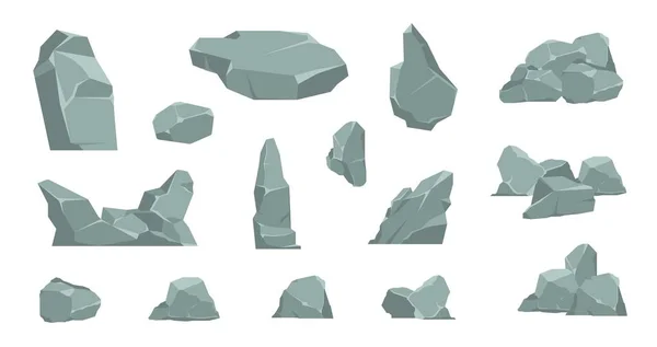 Piedras de dibujos. Montón de dibujos animados de rocas, elementos de grava y roca de granito, hormigón isométrico plano y bobina. Conjunto plano Vector 3D — Archivo Imágenes Vectoriales