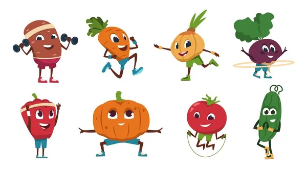 Ćwiczenia z kreskówkami. Zdrowe postacie żywności robi fitness i ćwiczeń sportowych. Wektor ładny i zabawny zestaw warzyw — Wektor stockowy