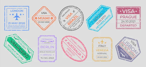 Passstempel. internationale Visa-Kennzeichnung, Geschäftsreisen und Einwanderung Vintage-Etiketten. Vektor Flughafen Stempelsatz — Stockvektor