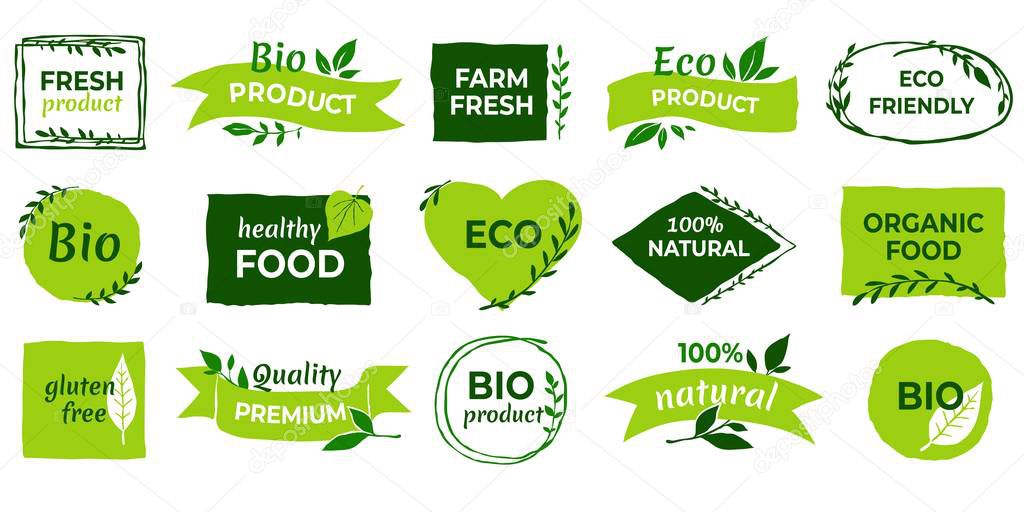 Organic logo. Vegan product labels, natural food and eco vegetables badges, fresh and healthy product stickers. Vector set