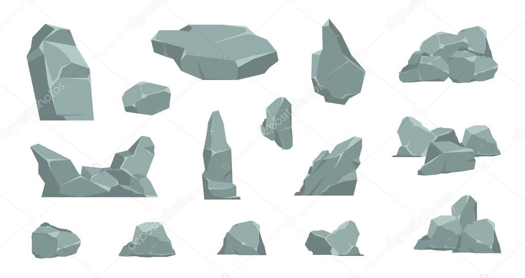 Cartoon stones. Cartoon pile of rocks, gravel elements and granite boulder, flat isometric concrete and coil. Vector 3D flat set