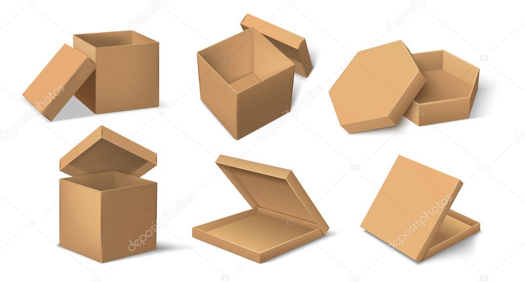 Carton package. Realistic cardboard product package mockup for food and delivery, cube and round brown pack template. Vector set