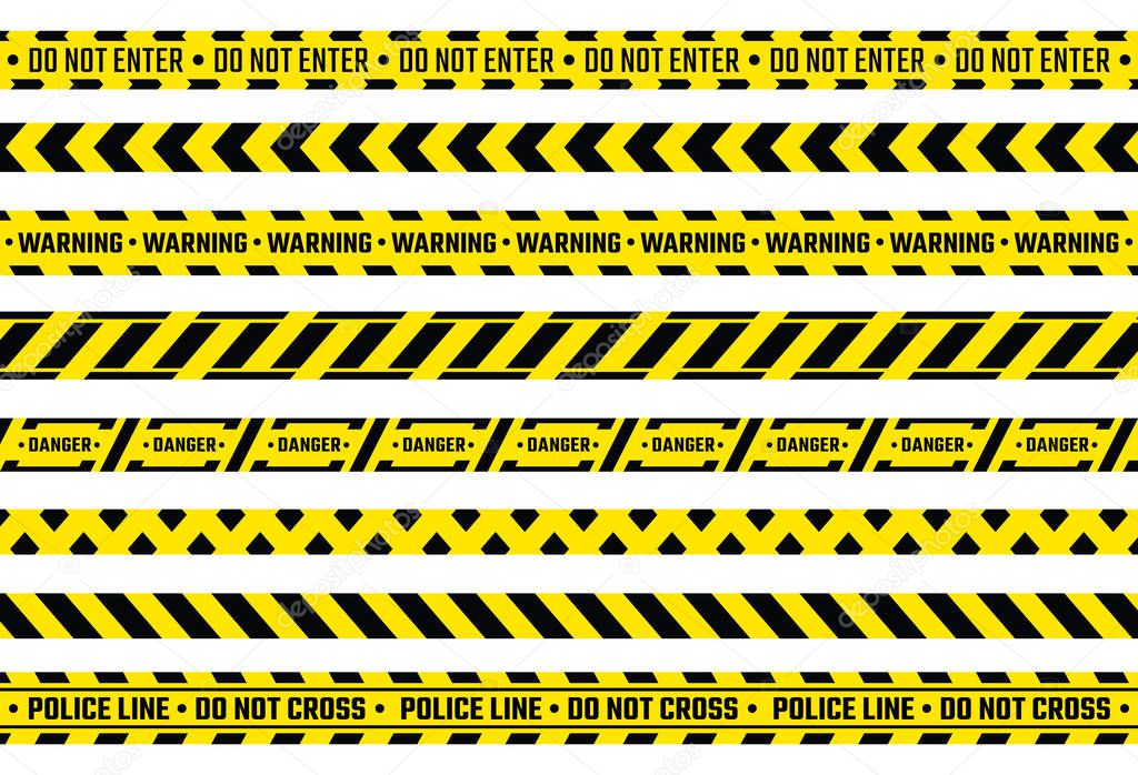 Caution tape. Yellow attention ribbon with warning signs, police evidence protection and construction protection tape. Vector safety stripe