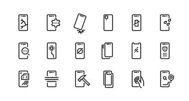 Akıllı telefon tamir ikonları. Kırık ekranlı, kırık camlı, su geçirmez bir telefon. Vektör seti